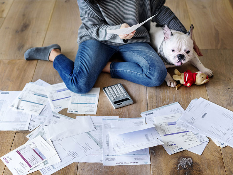 Lady On Floor With Dog And Paperwork