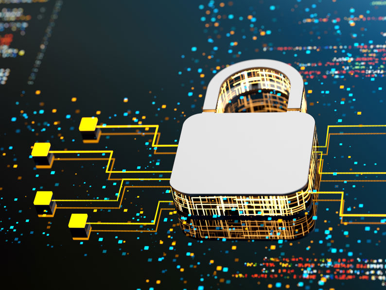 Lock sign on program code digital background to represent data protection.