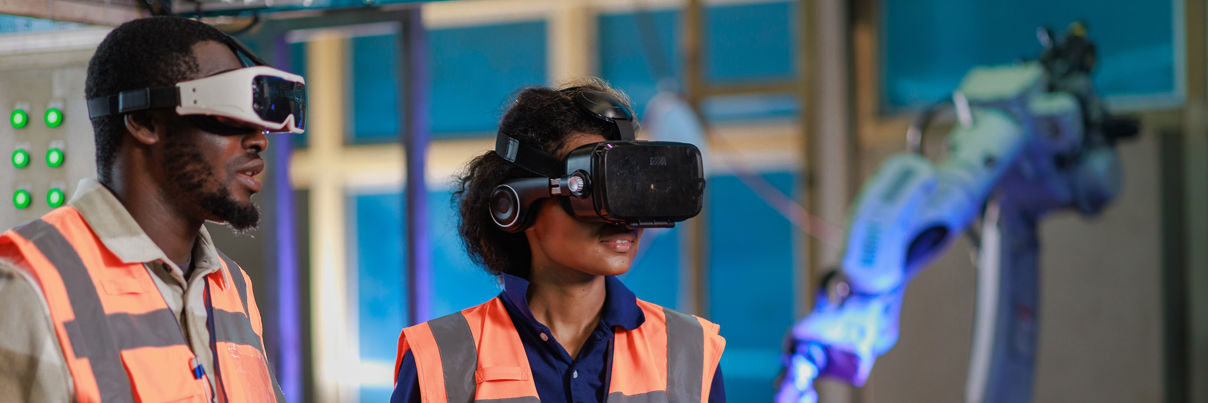 Engineer Using VR Glasses For Controlling A Robotic Welding Arm