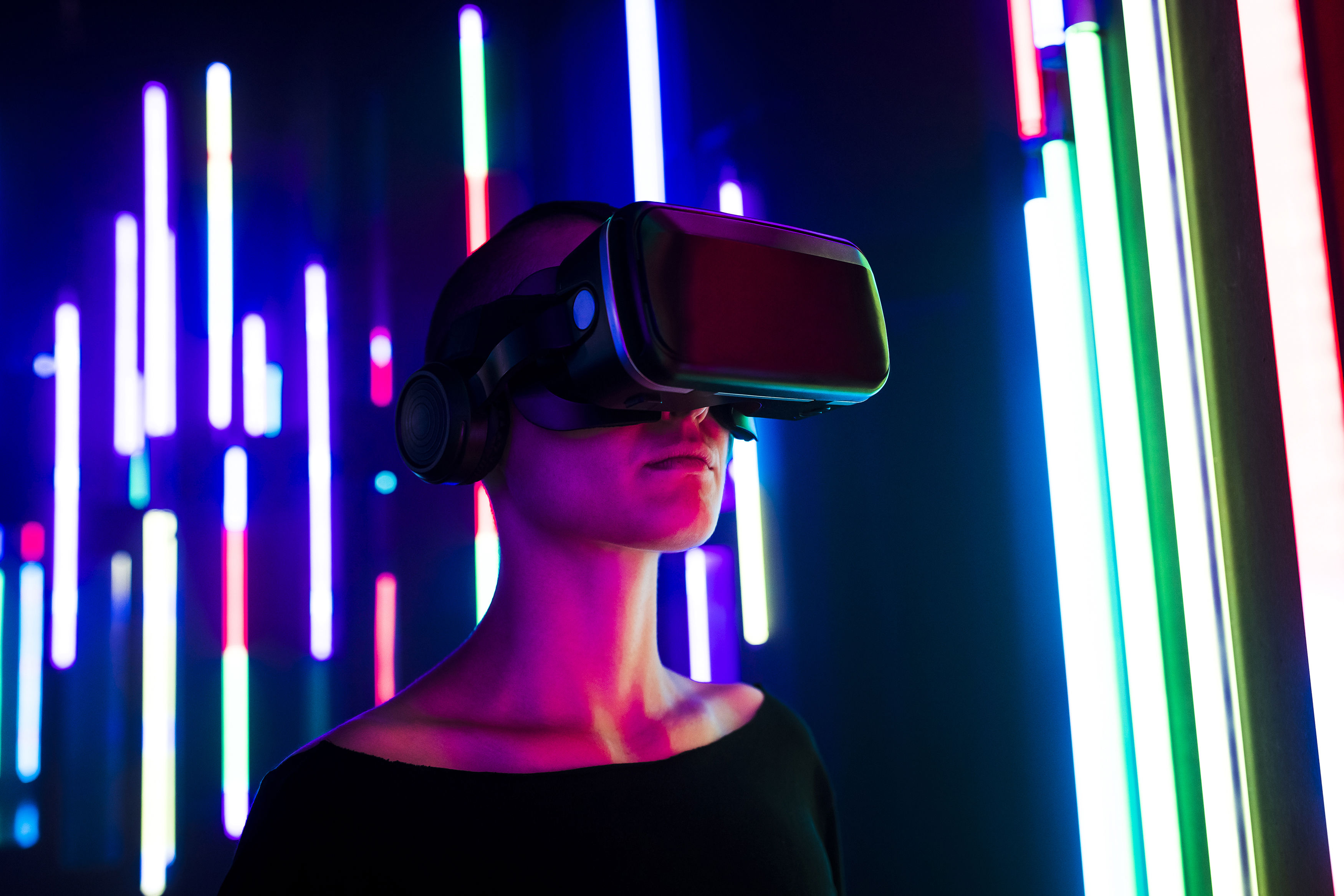 Woman Wearing Virtual Reality Simulator
