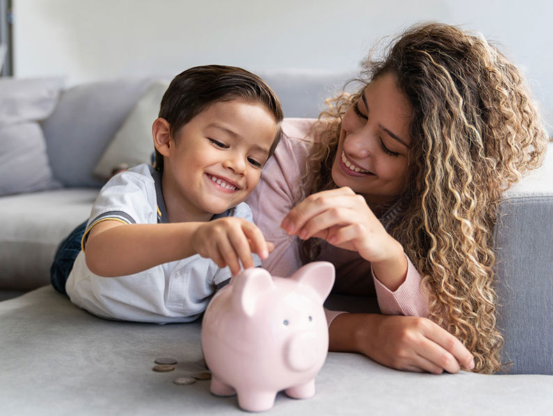 Name Woman And Boy With Piggy Bank